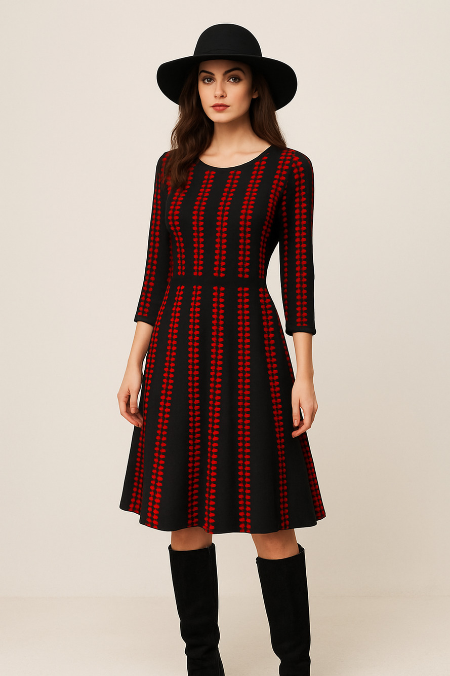 Danny & Nicole Womens Red Black Round Neck Fit & Flare Sweater Dress Size PXL